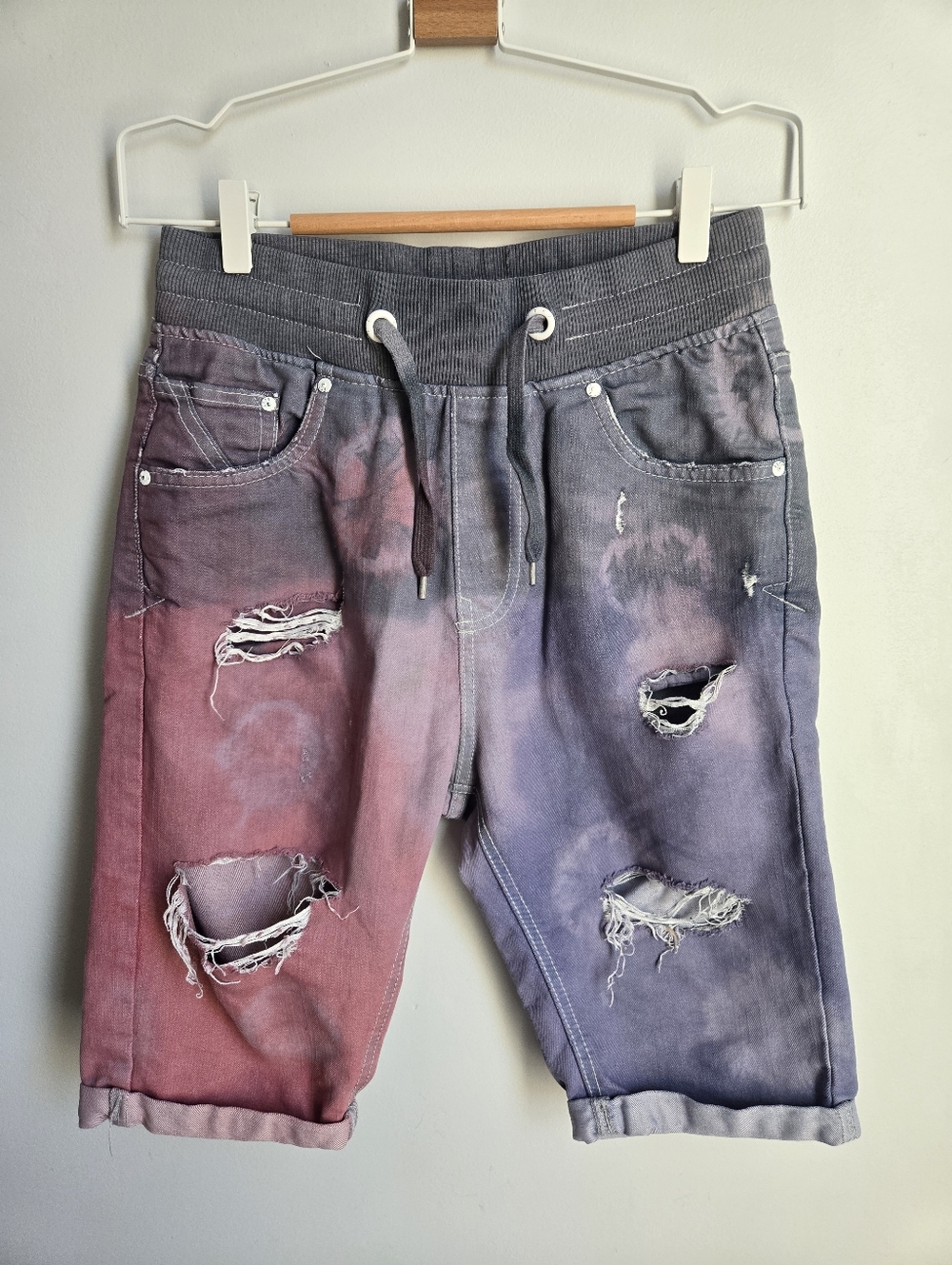 FSBN Tie-Dye Distressed Drawstring Denim Shorts - Pink & Blue
